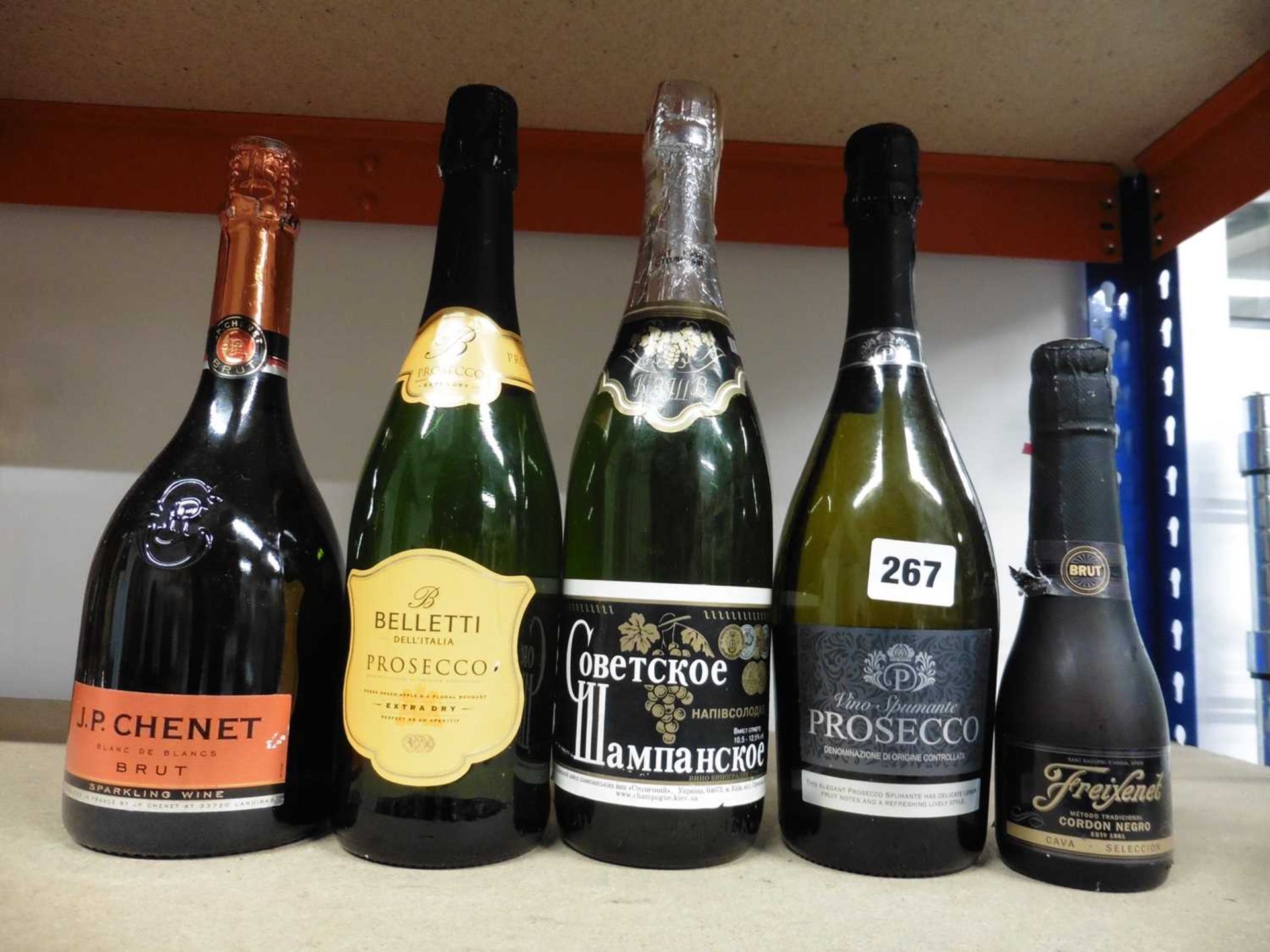 5 various bottles, 1x Vino Spumante Prosecco DOC, 1x Belletti Extra Dry Prosecco, 1x JP Chenet