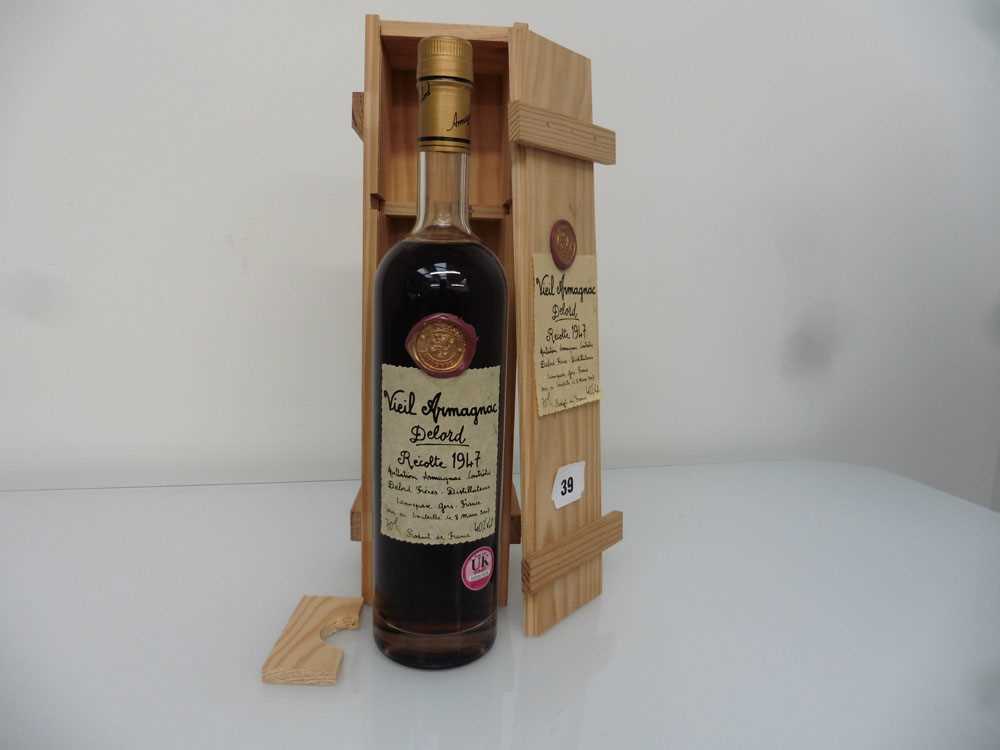 A bottle of Delord Freres 1947 Vieil Armagnac bottled in 2007 with wooden box 40% 70cl