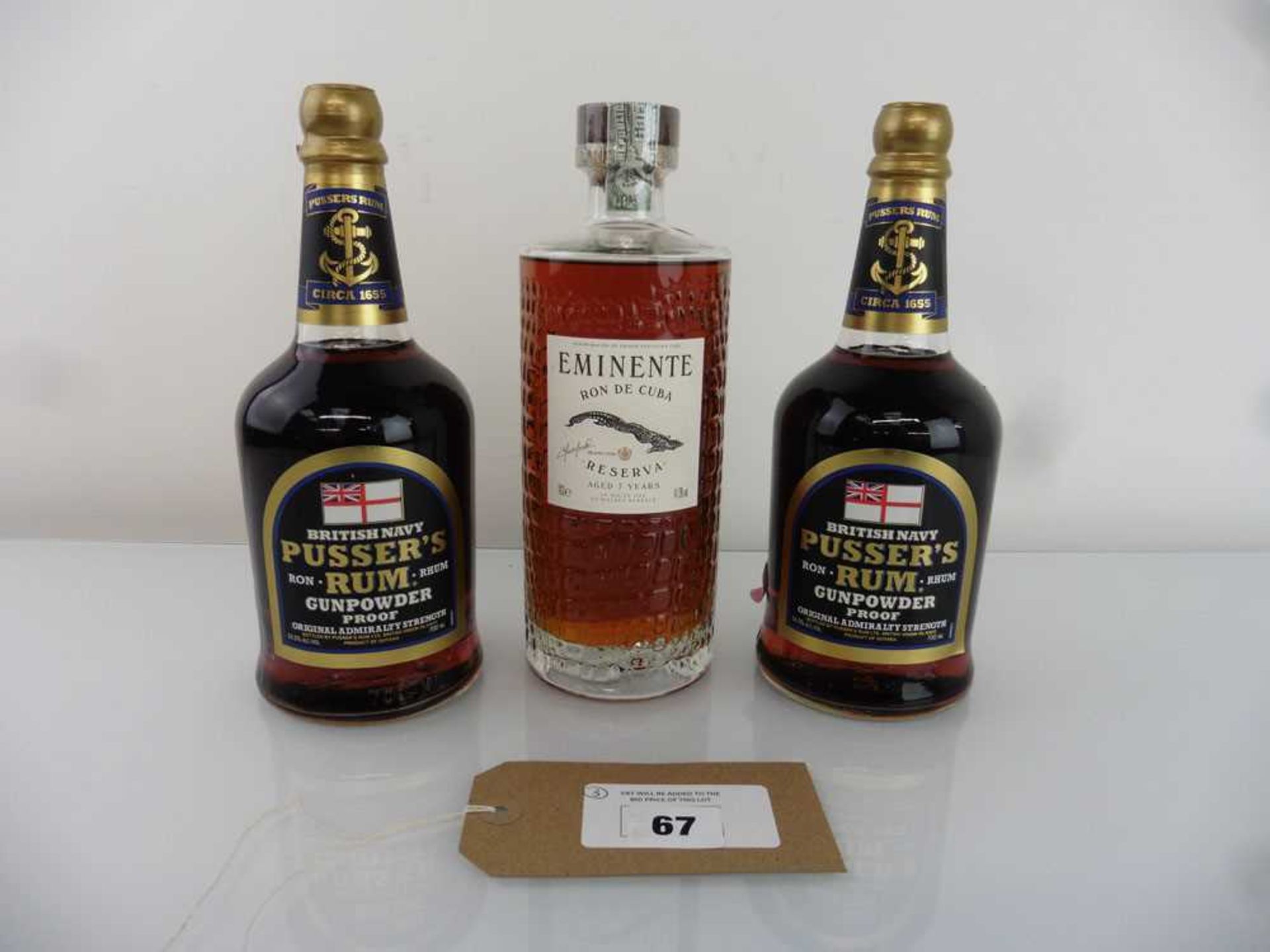 +VAT 3 bottles, 2x Pusser's British Navy Gunpowder Proof Rum 54.5% 70cl & 1x Ron de Cuba Eminente