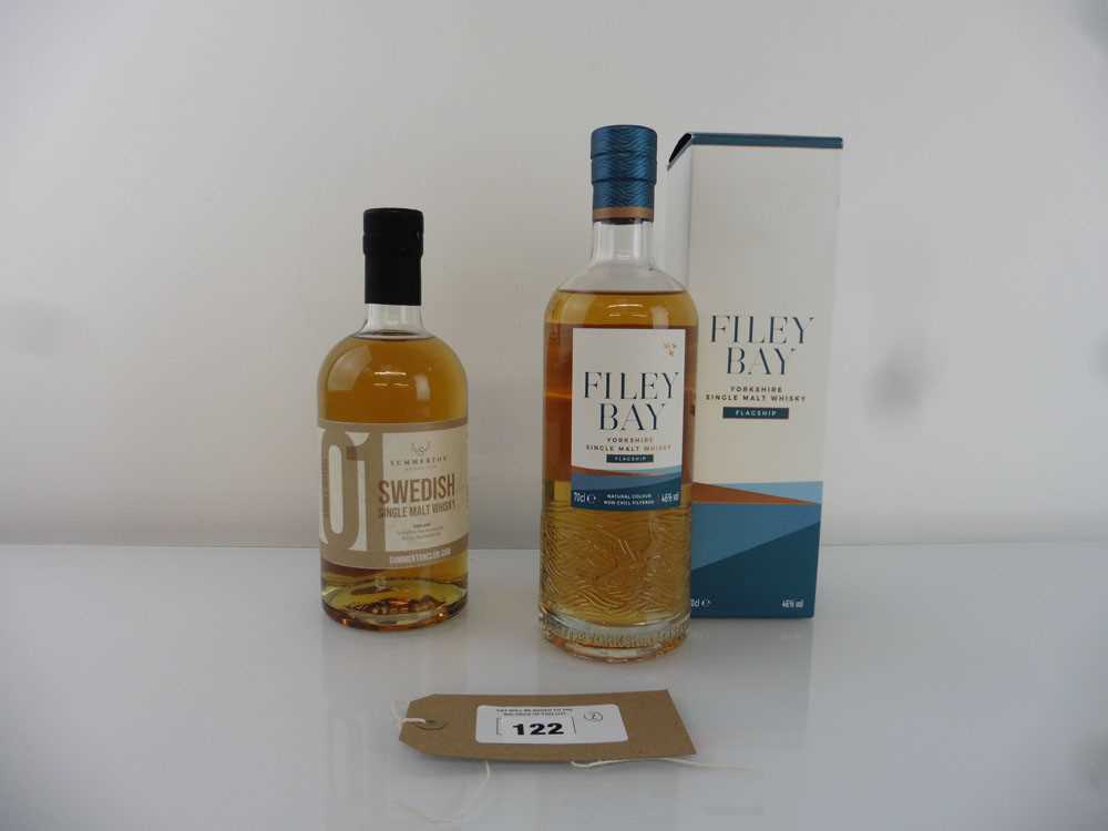 +VAT 2 bottles, 1x Filey Bay Flagship Yorkshire Single Malt Whisky with box 46% 70cl & 1x Mackmyra