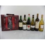 7 bottles, 1x JP Chenet Merlot Cabernet gift set with 2 glasses, 1x Chablis 2006 Cuvee Claide