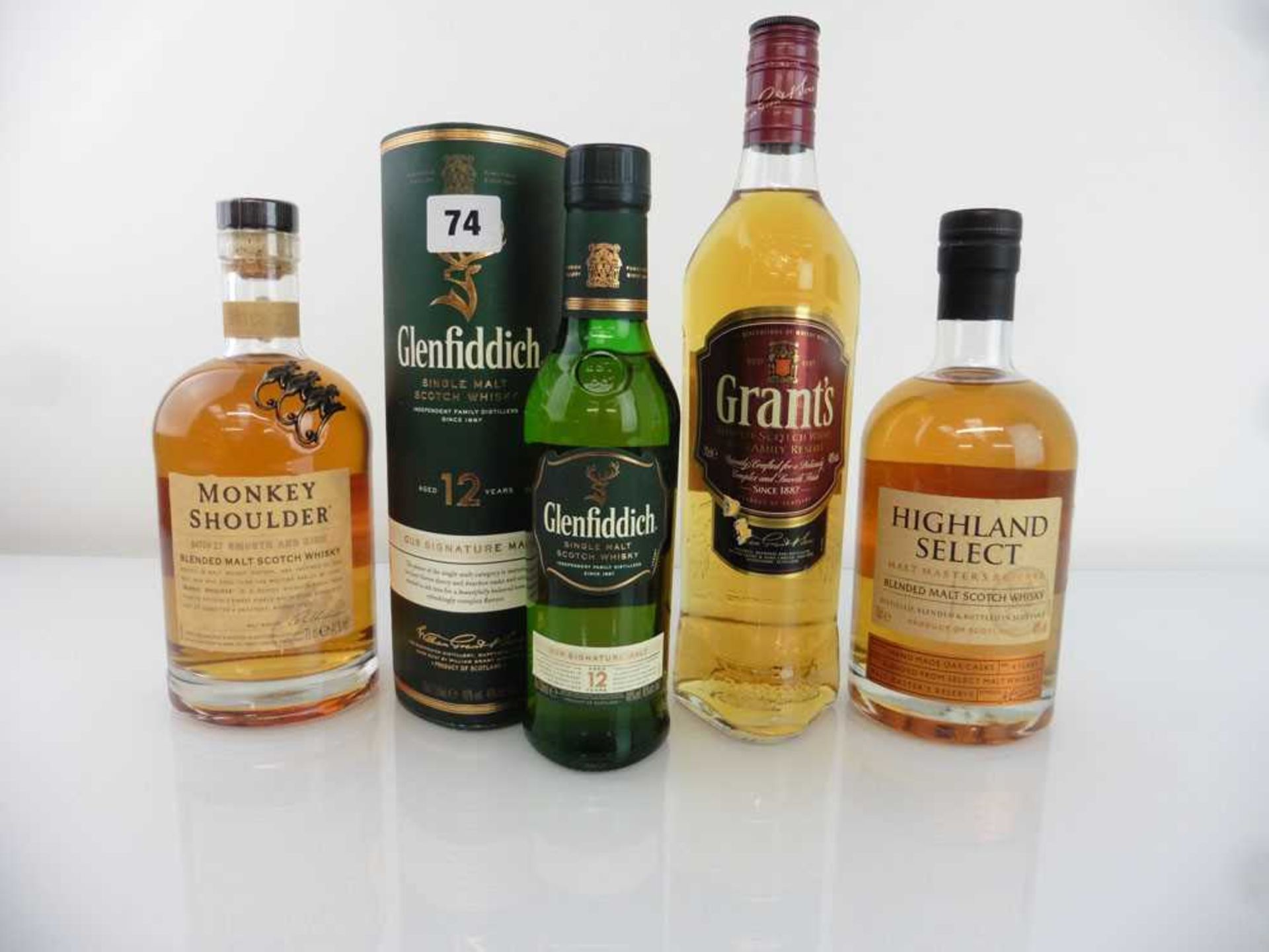 4 various bottles of Scotch, 1x Glenfiddich 12 year old Single Malt Whisky 40% 35cl, 1x Monkey