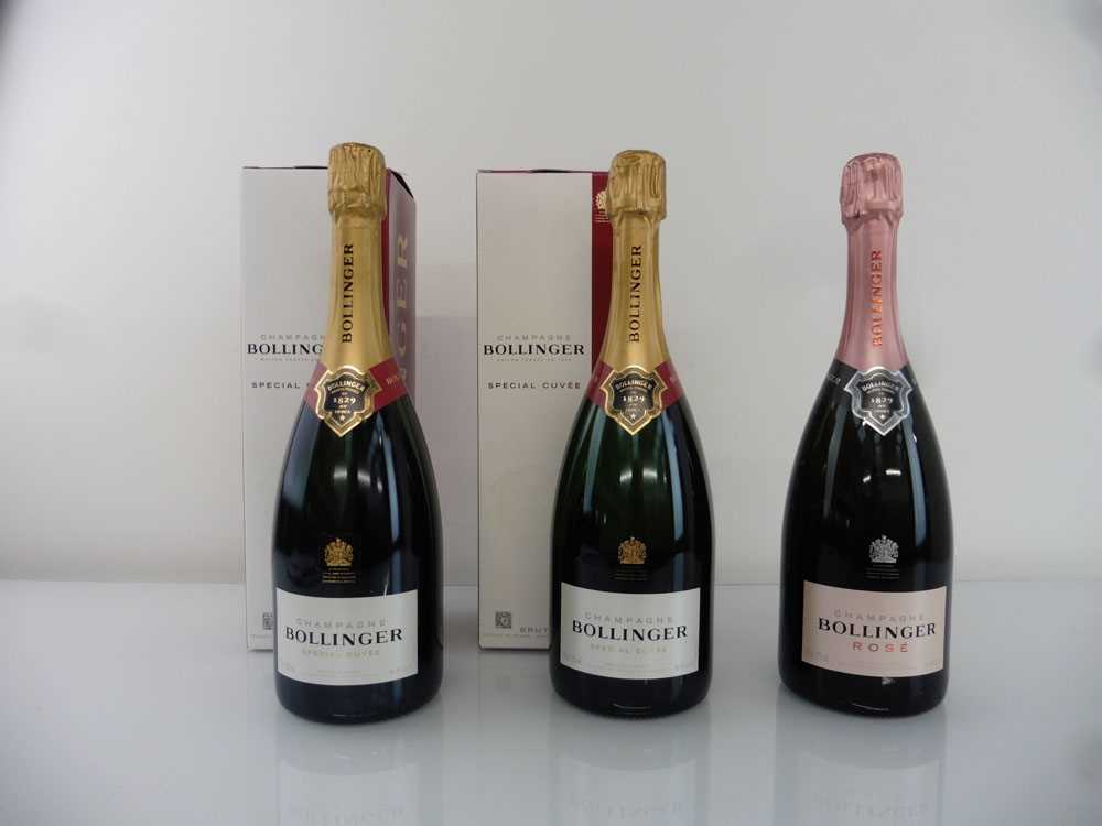 +VAT 3 bottles of Bollinger Brut Champagne 75cl, 2x with boxes & 1x Rose (Note VAT added to bid