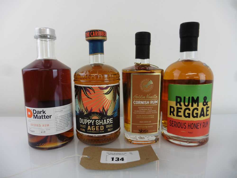 +VAT 4 various bottles of Rum, 1x Duppy Share Aged Caribbean Rum 40% 70cl, 1x Dark Matter Scottish