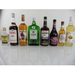 8 various bottles, 1x Morrison London Dry Gin 40% 1,5 litre, 1x Captain Morgan Original Spiced
