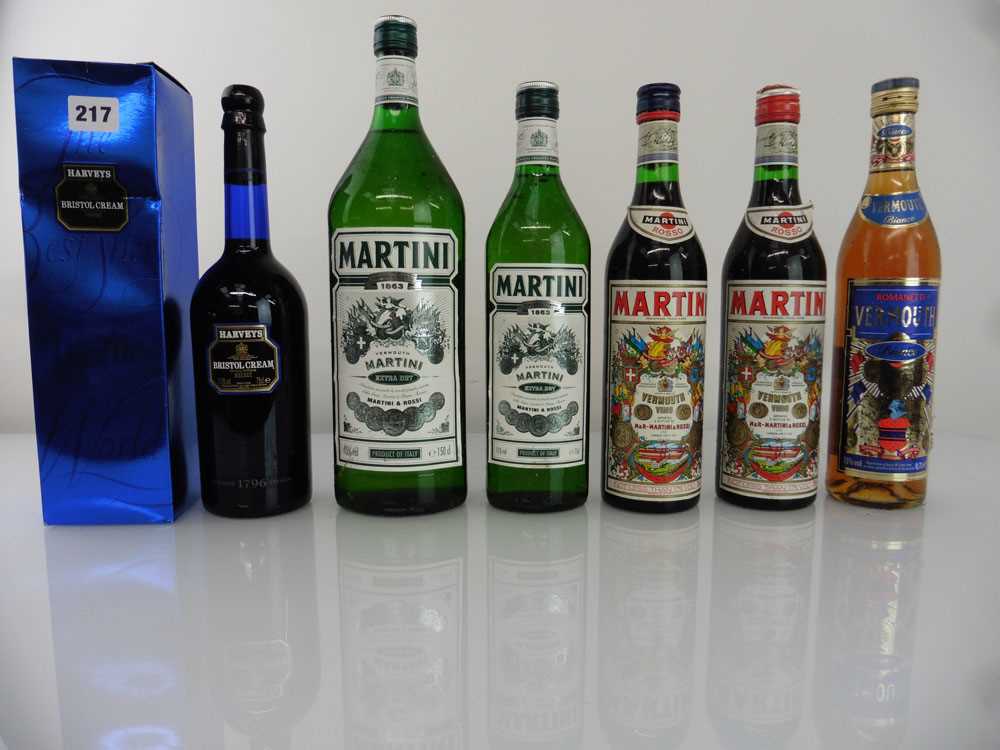 6 various bottles, 1x Harveys Bristol Cream Sherry with box 17.5% 75cl, 2x Martini Extra Dry