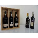 5 bottles of Madeira, 3x Blandy's Duke of Sussex Dry with wooden box 19% 75cl, 1x Leacock's Saint