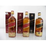 3 old bottles of Johnnie Walker Old Scotch Whisky with boxes, circa 1980s 1x Black Label Extra