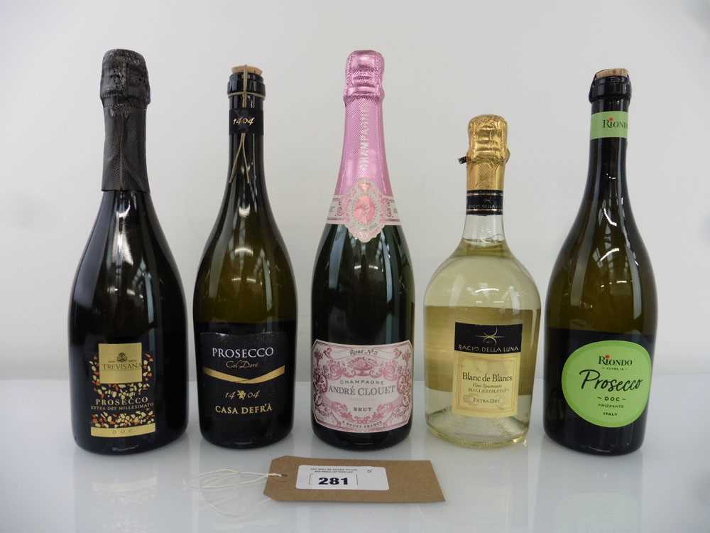 +VAT 5 bottles, 1x Andre Clouet Grand Cru Brut Rose Champagne, 1x Bacio Blanc de Blanc Millesimato