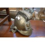 Bradford Volunteer Fire Brigade brass fireman's helmet plus a warming pan, coaching horns and a