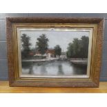 Oil on canvas of river scene with church in background