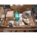 Box containing mirrored wall sconces, general glassware and dishes