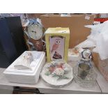 Quartz clock, lady figures, glassware, animal figures and a wall plaque