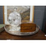 Silver plated gallery tray, Victorian marquetry jewellery box and a moulded glass lidded jar