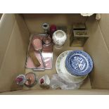 Box containing carriage clocks, an enamelled dressing table set and crockery