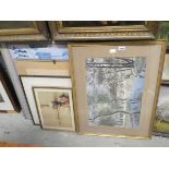 Quantity of watercolours and prints, to include Lowry scenes, huntsmen and horse, harbour scene with