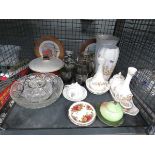 Cage containing Aynsley china, glassware, candlesticks, lemonade jug and tumblers