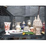 Cage containing beer steins, candlesticks, anniversary clock, cufflinks and a Toby jug