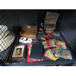 Cage containing die cast cars, miniature monks bench and childrens books