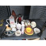 Cage containing a red glass claret jug, teapot, various vases, bowls, cups and saucers