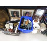 Underbay with wall clock, prints, brass tray, bottles and china