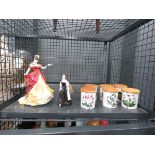 Cage containing Portmerion spice pots and 2 Royal Doulton and Coalport lady figures