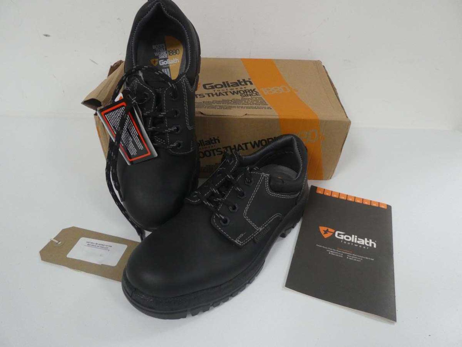 +VAT Boxed pair of Goliath Footwear safety trainer shoes in black with toe caps size 6