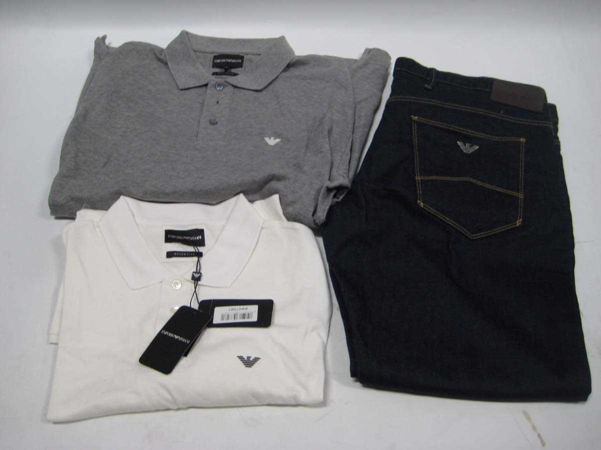 +VAT 1x Pair of Armani Jeans, 2x Armani Polo T Shirts in Grey and White.