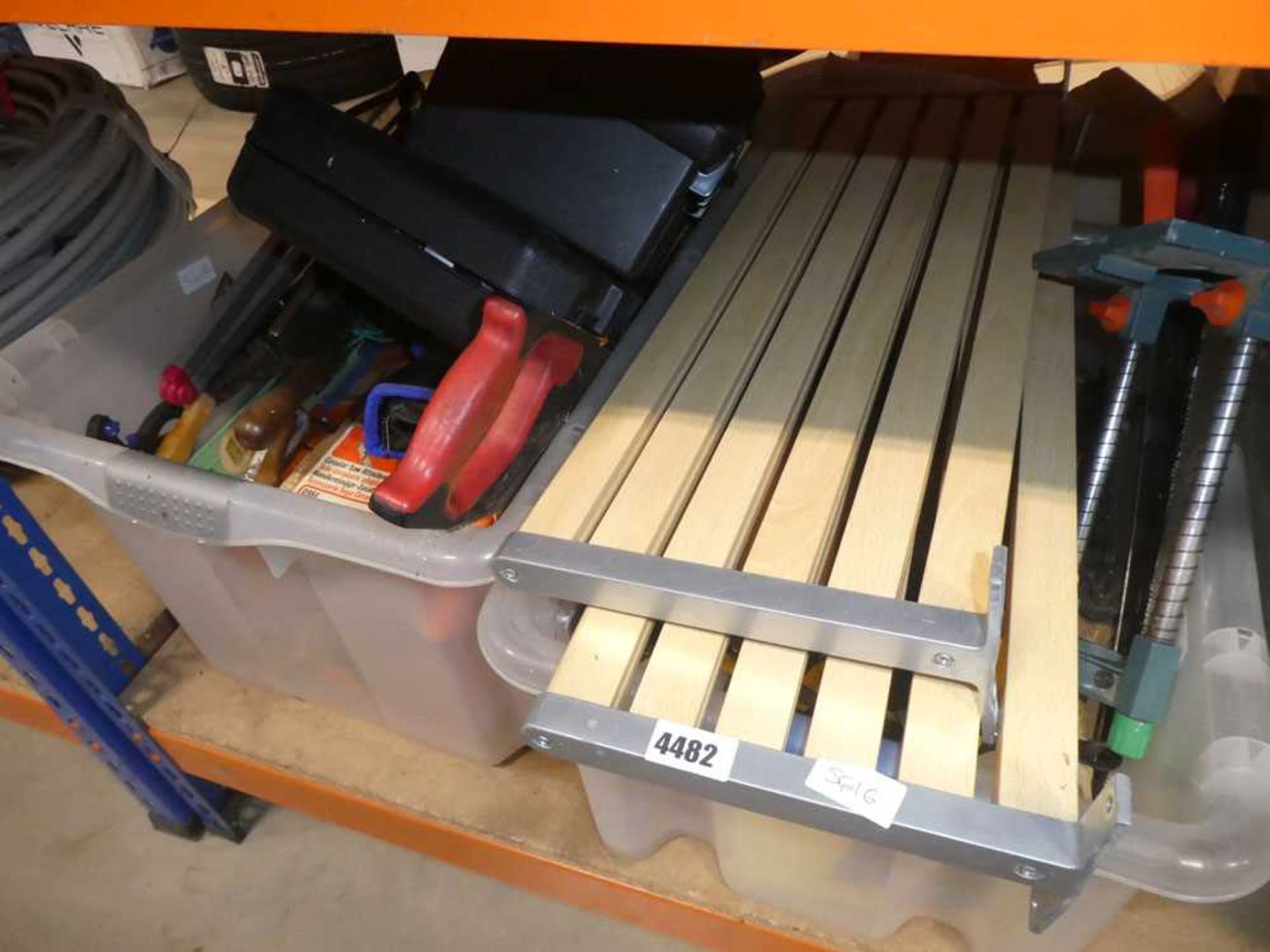 2 boxes of assorted items to include shelving, drill stands, saws and toolboxes
