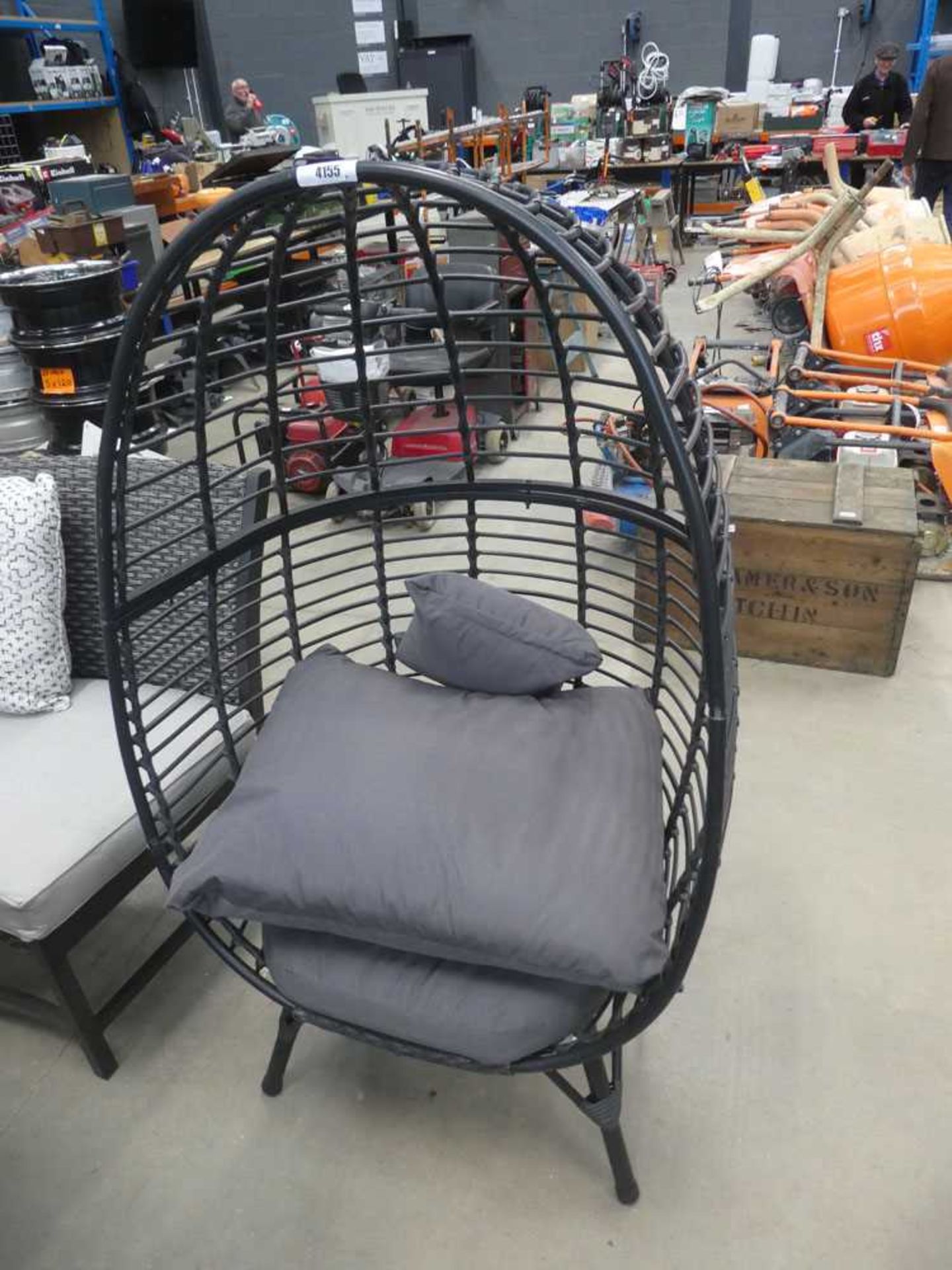 +VAT Black egg style garden chair with grey cushions