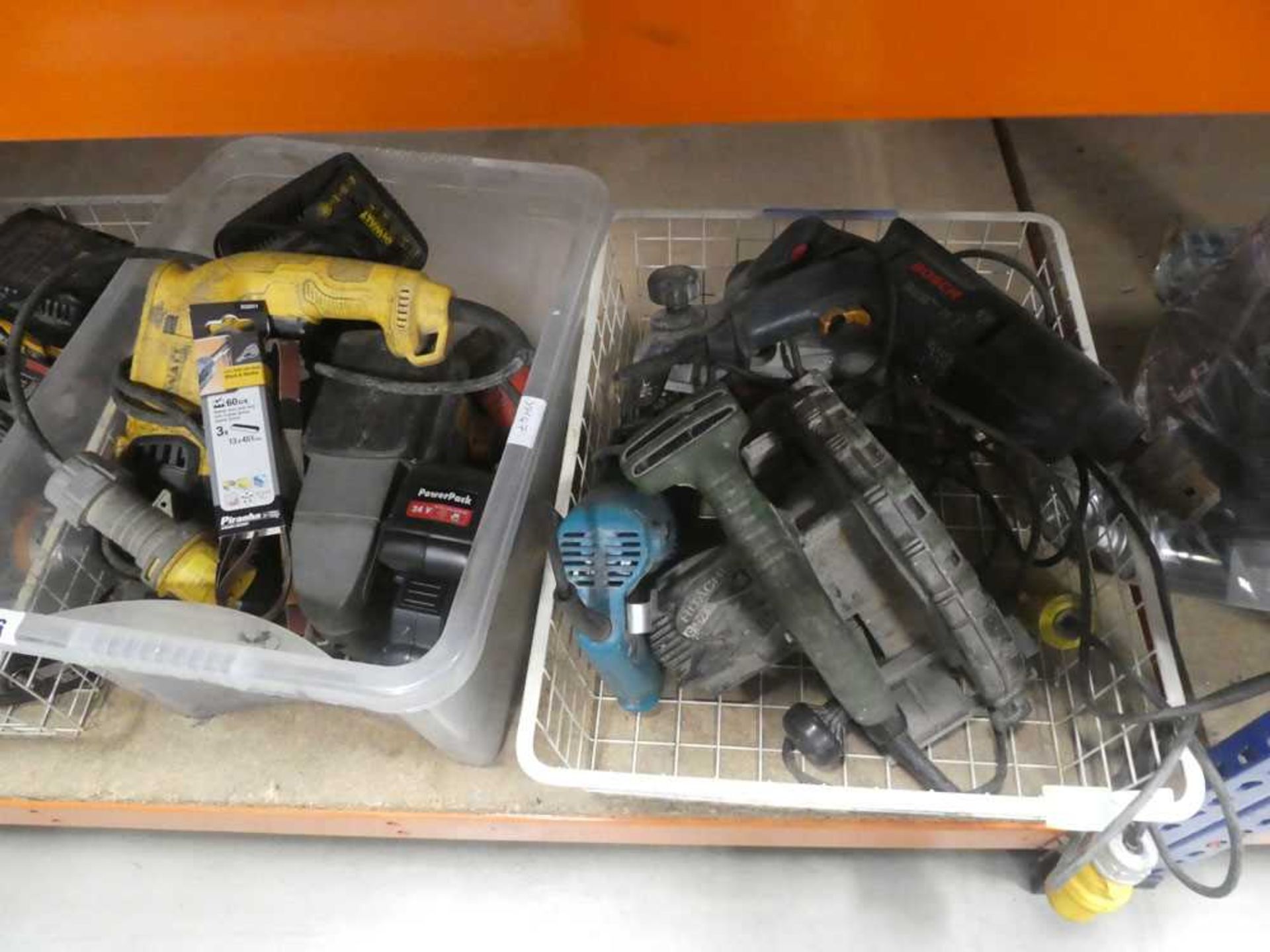 4 crates of assorted power tools to include jigsaws, 110v drills, chargers, cordless drills - Image 2 of 3