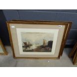 2 framed and glazed prints, classical scene with buildings and river, plus fishing boats at anchor