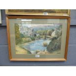 Welsh watercolour, river and buildings by J. E. Whinnerah