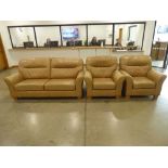 Tan leather effect G plan 2 seater sofa plus a pair of matching armchairs