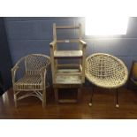 3 children's wicker and strung chairs plus an embroidered footstool