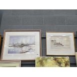 2 watercolours, winter scene with village and church, plus coastal scene with rowing boats