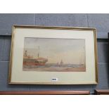 Watercolour harbour scene with ships