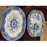 Two blue and white meat platters