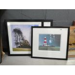 3 prints: New York skyline, autumn trees, red and white lighthouse