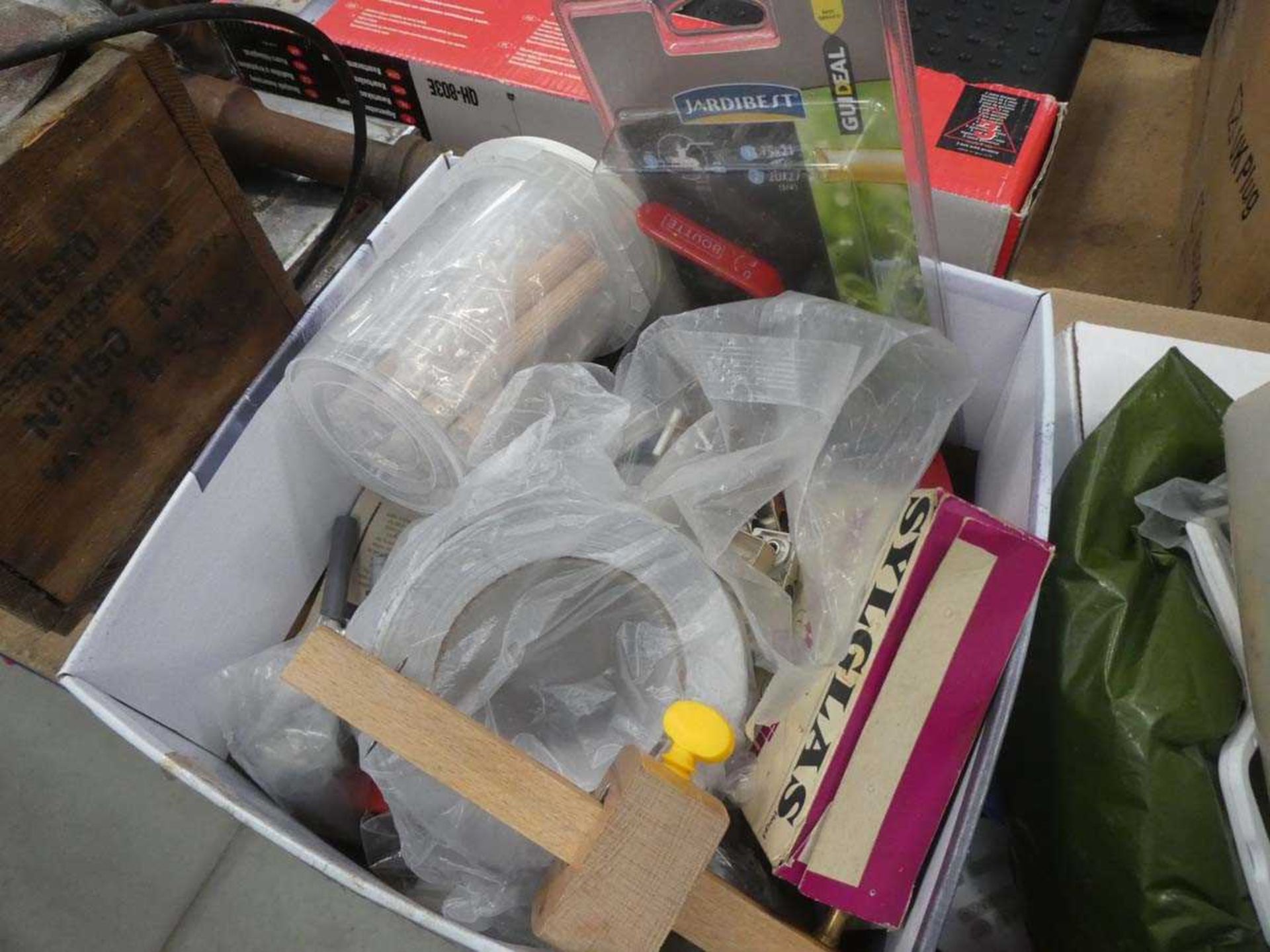 3 cardboard boxes and 1 plastic box containing drill bits, tools, fixings, tape etc - Image 3 of 5