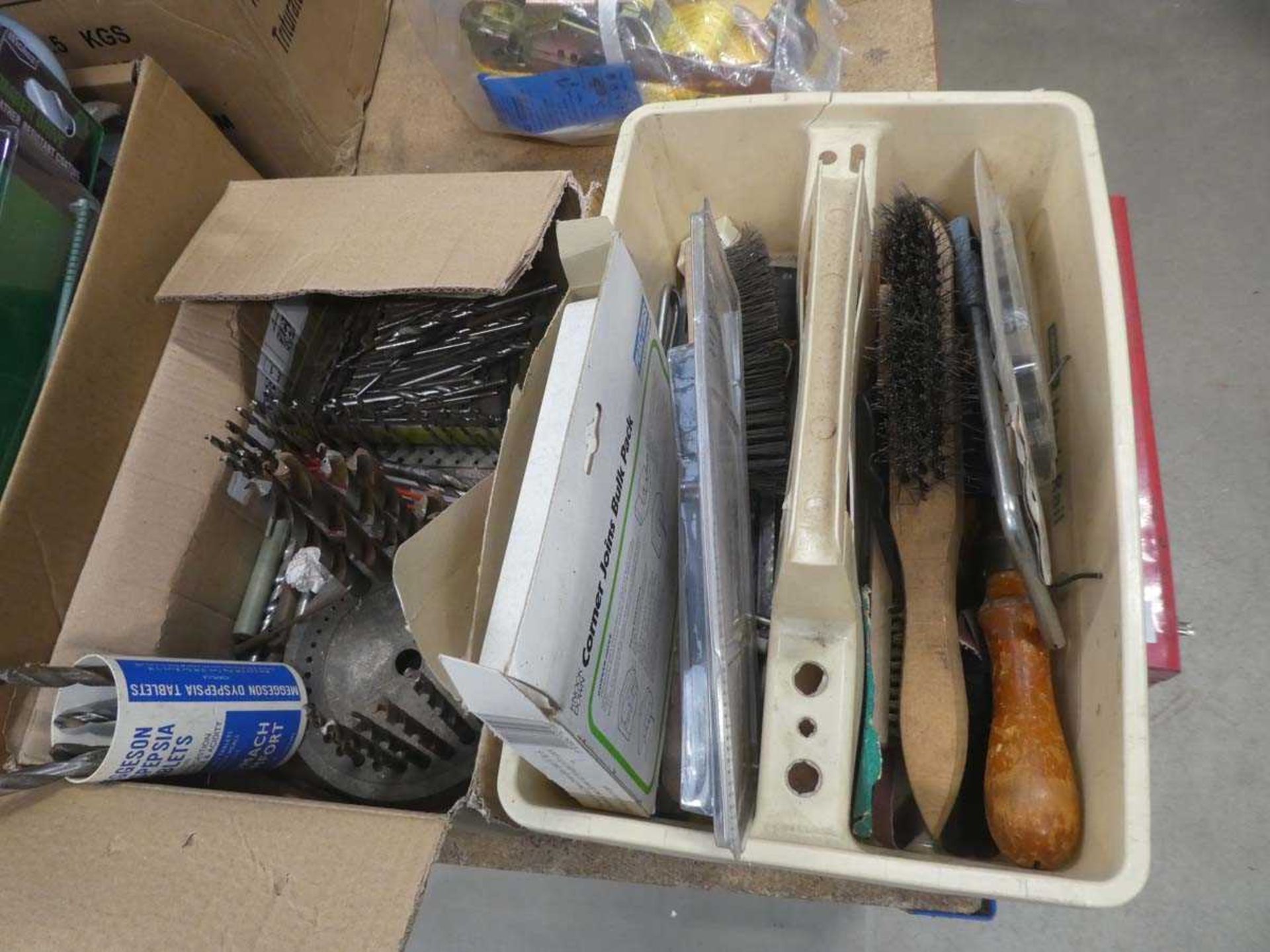 3 cardboard boxes and 1 plastic box containing drill bits, tools, fixings, tape etc - Image 2 of 5