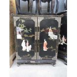 Hard stone inlaid Chinese double door cupboard plus a pair of stools