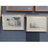 Pair of Maltese watercolours, courtyard and town scape