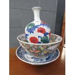 Floral decorated vase plus a Cantonese and blue and white bowl (3 total)
