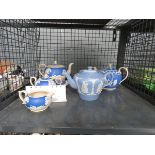 Cage containing 19th century Copeland Spode jasperware 4 piece teaset plus 2 similar teapots