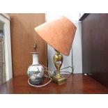 2 gold and floral patterned lamps