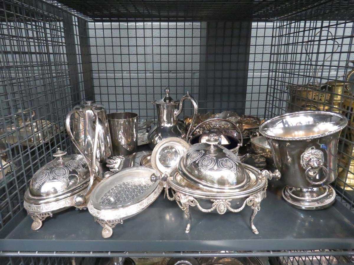 Cage containing silver plate to include hot water jug, butter dish, wine cooler, trays, sugar bowl