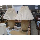 Pair of blossom patterned oriental table lamps with pleated shades