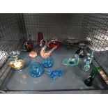 Cage containing paperweight, ornamental glass figures, coloured glass dishes