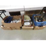 Six boxes containing dray horses, fabric, picture frame, plus glassware, general crockery and china